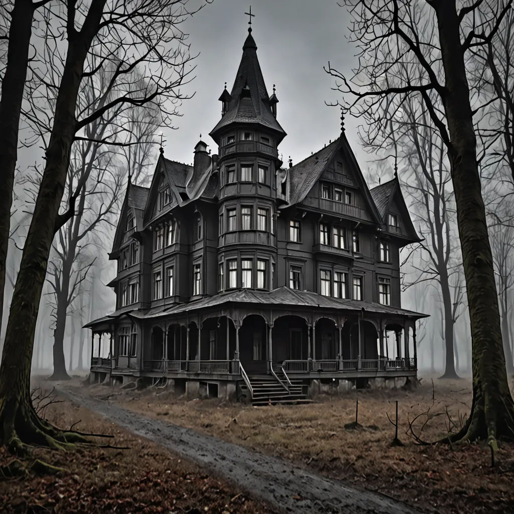a creepy house in the woods with a creepy sky in the background and a path leading to it and a dark path leading to the front, international gothic, a flemish Baroque, Dirk Crabeth, gothic