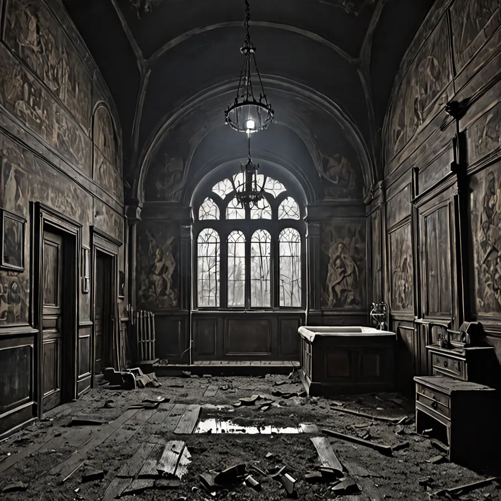 a room with a bathtub and a chandelier in it with a window and a door in the middle, gothic art, a matte painting, Dirk Crabeth, decay