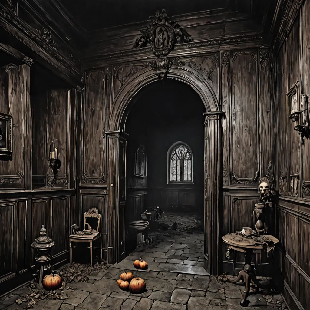 a creepy looking room with pumpkins on the floor and a gothic doorway with a clock on the wall, gothic art, a digital rendering, Dirk Crabeth, highly detailed digital painting