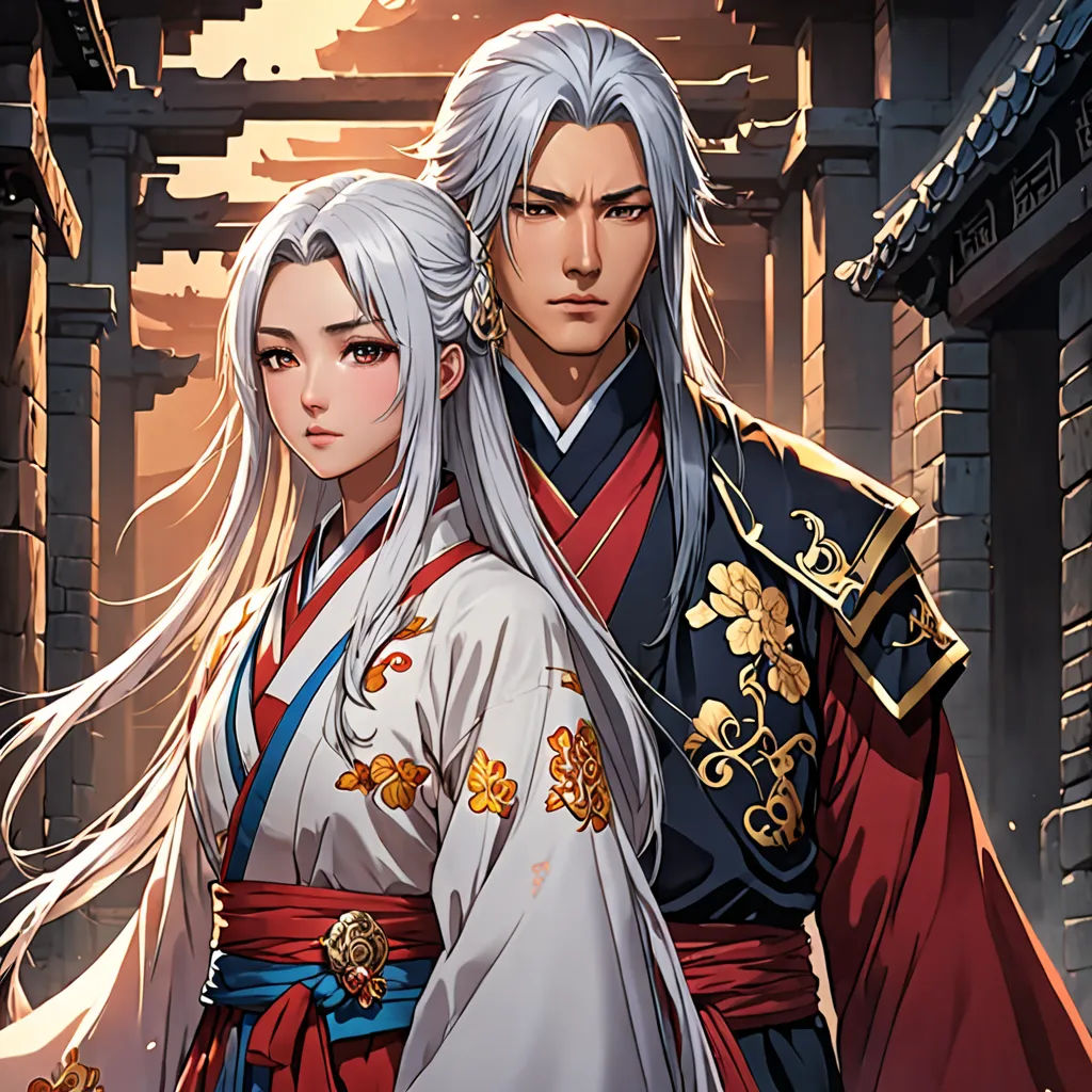 a couple of people standing next to each other in front of a building with a sky background and a building, Du Jin, sots art, a poster, official art