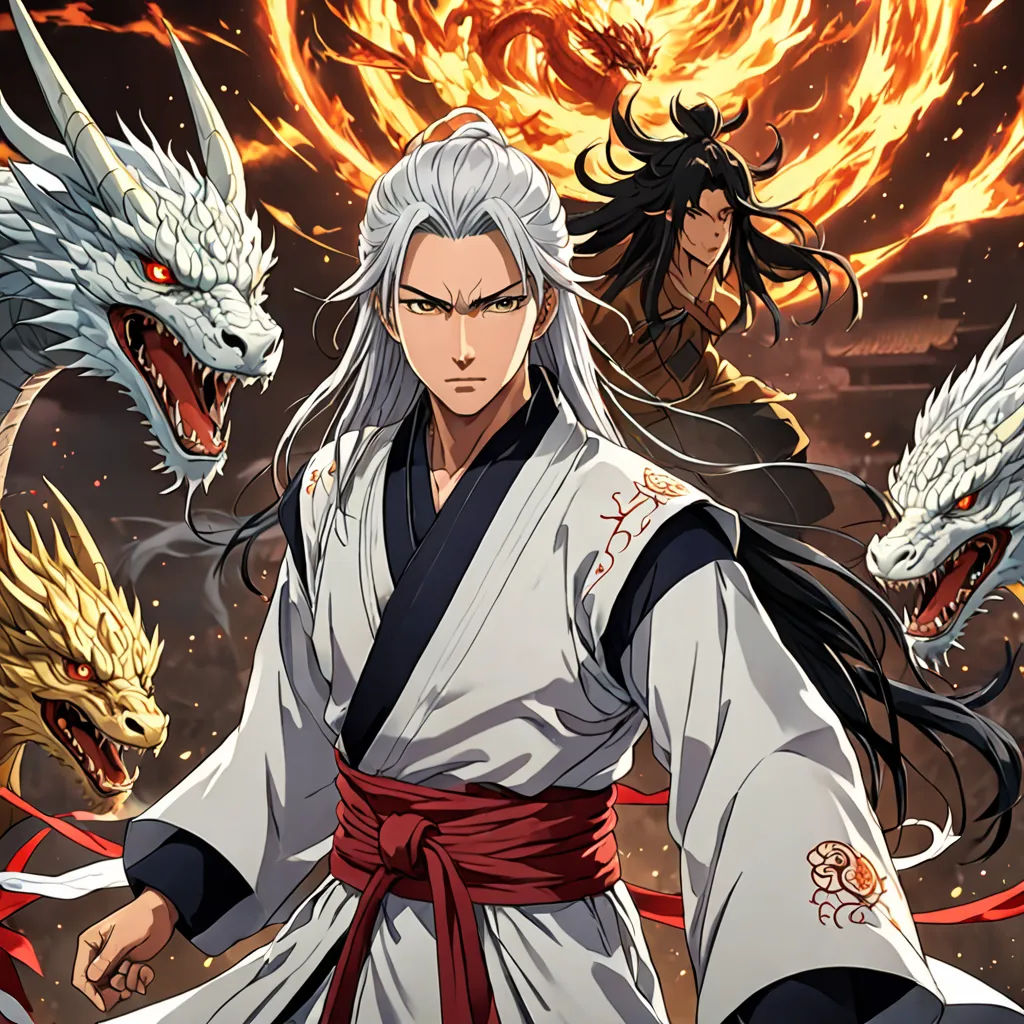 a man in a kimono standing next to two dragon like creatures in front of a dark sky with a red fire, Baiōken Eishun, sots art, poster art, official art