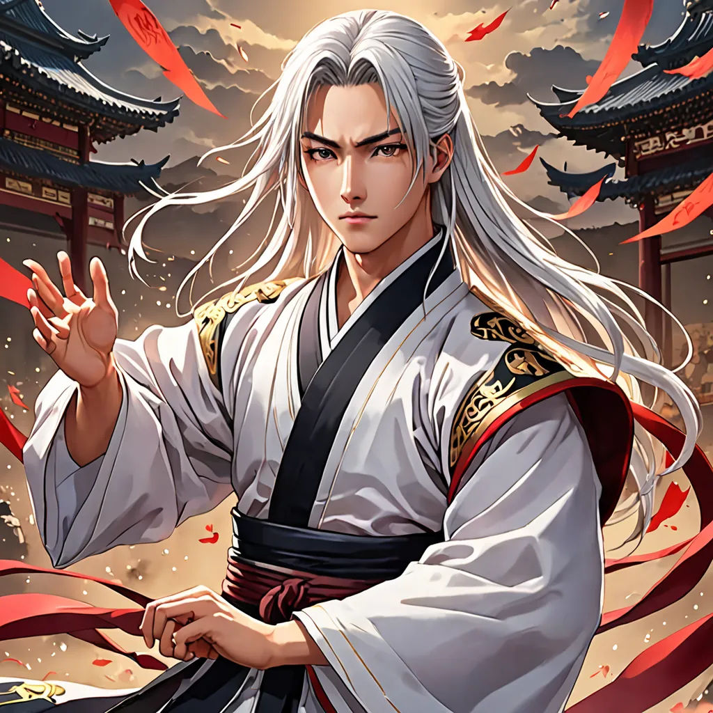 a man in a kimono holding a sword in front of a building with red ribbons around his waist, Du Jin, sots art, a character portrait, official art