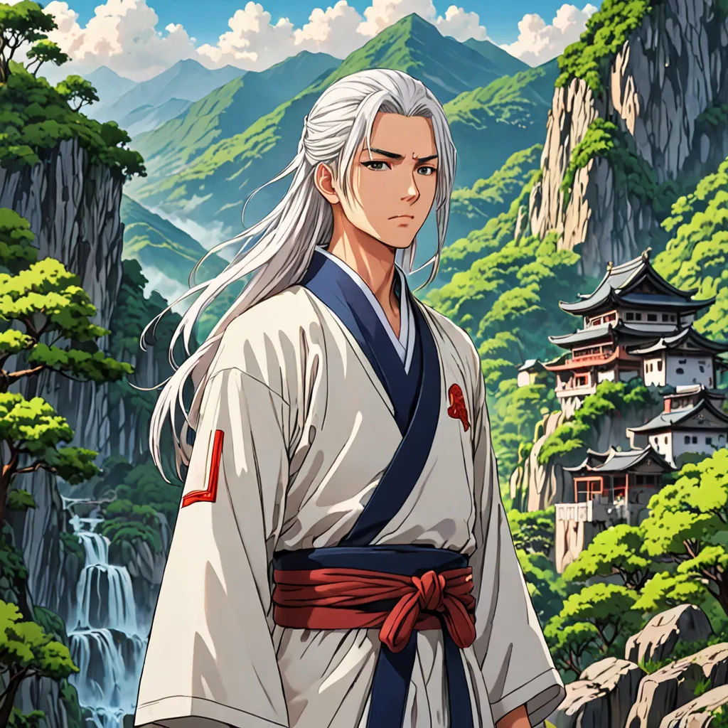a man with long white hair and a white beard wearing a kimono standing in front of a mountain, An Gyeon, fantasy art, a character portrait, official art