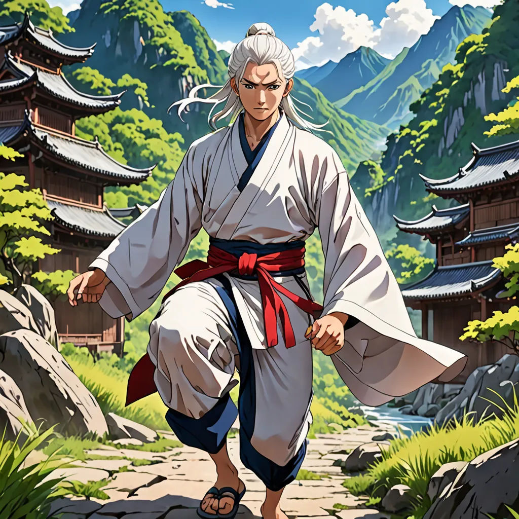 a man in a kimono walking down a path in front of a mountain range with a pagoda in the background, Baiōken Eishun, ukiyo-e, concept art, official art