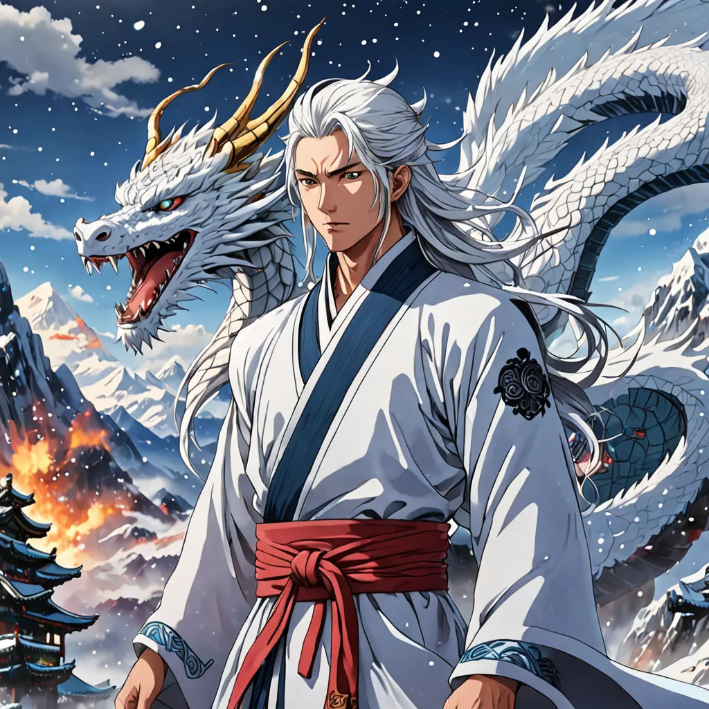 a man in a kimono standing in front of a dragon and mountain scene with snow on the ground, An Gyeon, fantasy art, a comic book panel, official art