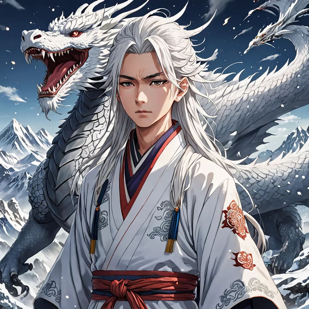 a man in a white outfit with a dragon on his shoulder and a sword in his hand, standing in front of a snowy mountain, An Gyeon, fantasy art, a character portrait, official art