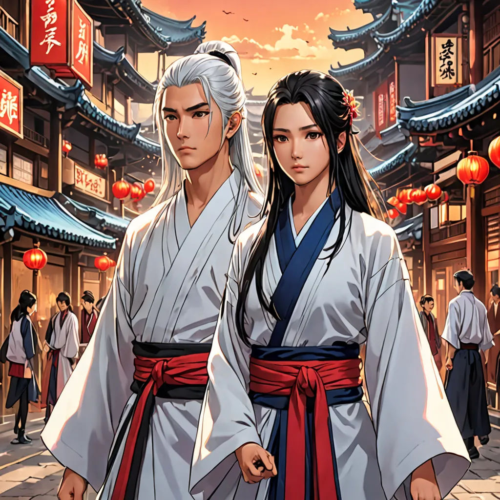 a couple of people standing next to each other on a street with lanterns in the background and a sky, Chen Chun, aestheticism, poster art, official art