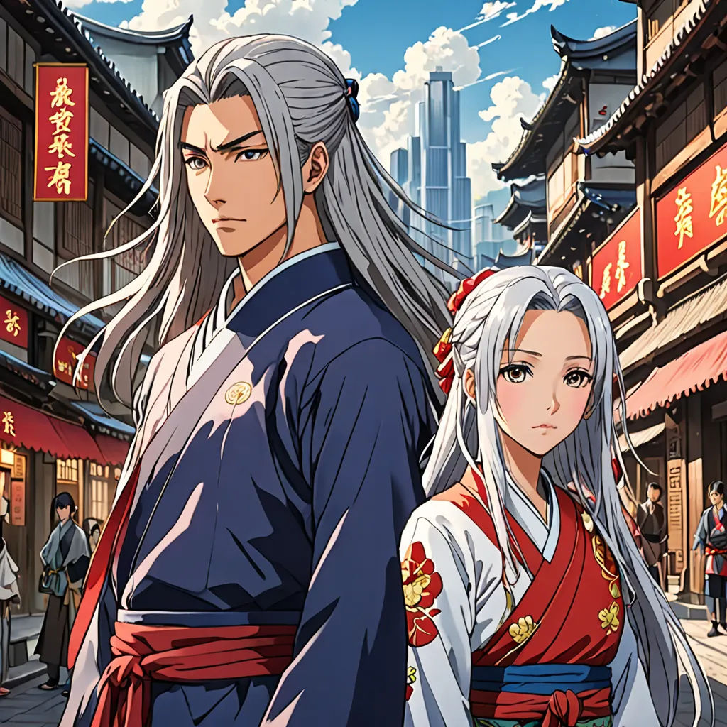 a couple of people standing next to each other in front of a building with oriental writing on it and a sky background, Baiōken Eishun, sots art, an album cover, official art