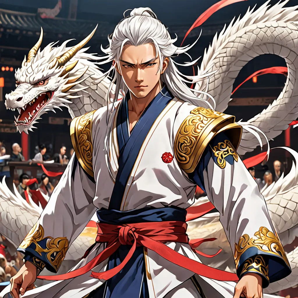 a man in a white and blue outfit with a dragon on his shoulder and a red ribbon around his waist, Dai Jin, sots art, concept art, official art