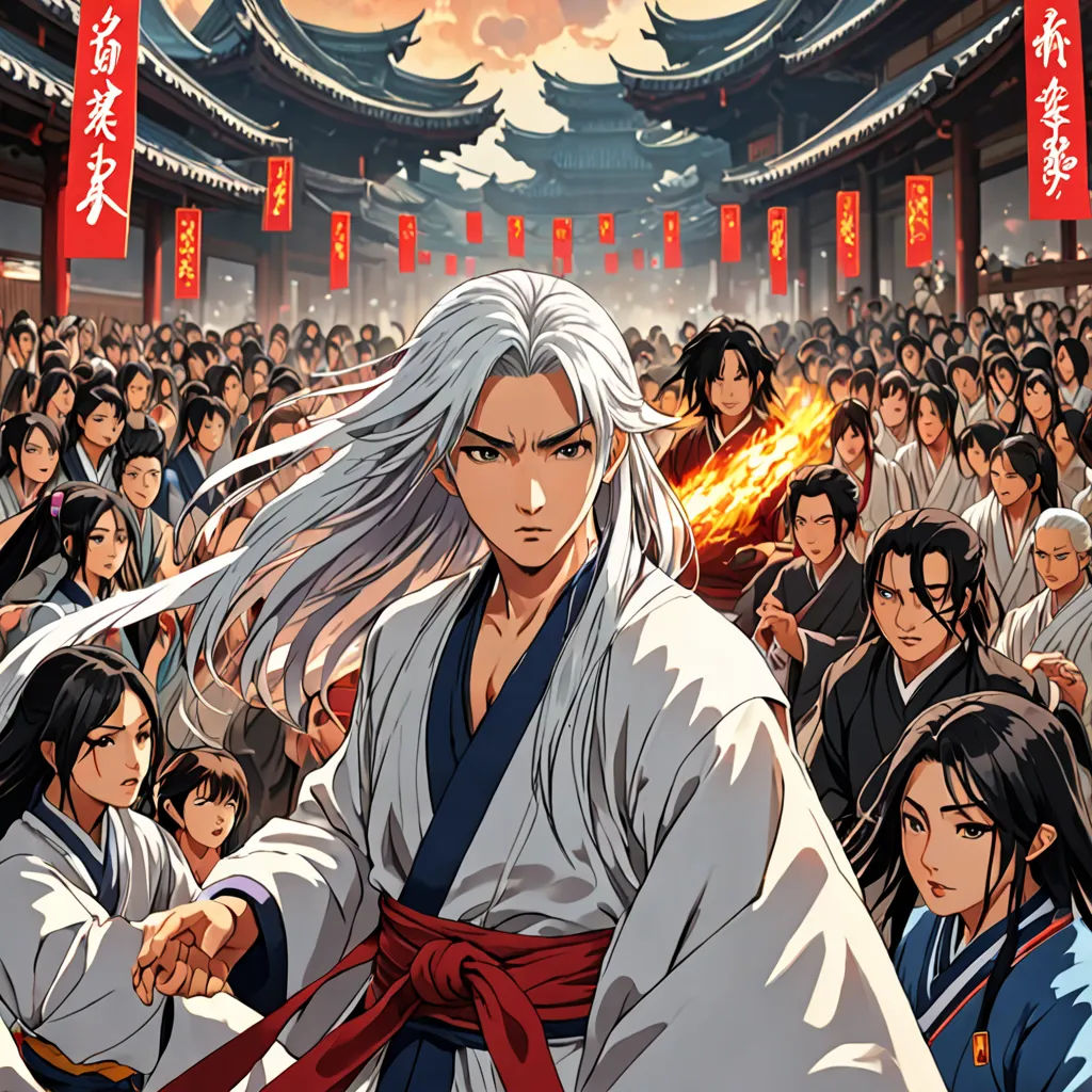 a man in a kimono holding a sword in front of a crowd of people in a temple with a fire, Baiōken Eishun, ukiyo-e, poster art, official art