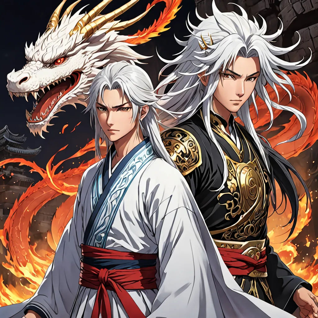 two men in white and black outfits with a dragon behind them, one of them is holding a sword, Du Jin, sots art, poster art, key art