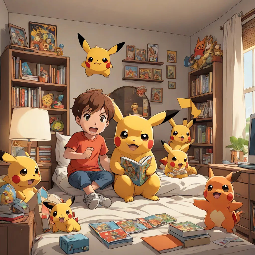 a boy sitting on a bed with a bunch of pikachu toys in front of him and a book, Chris LaBrooy, shock art, a storybook illustration, official art