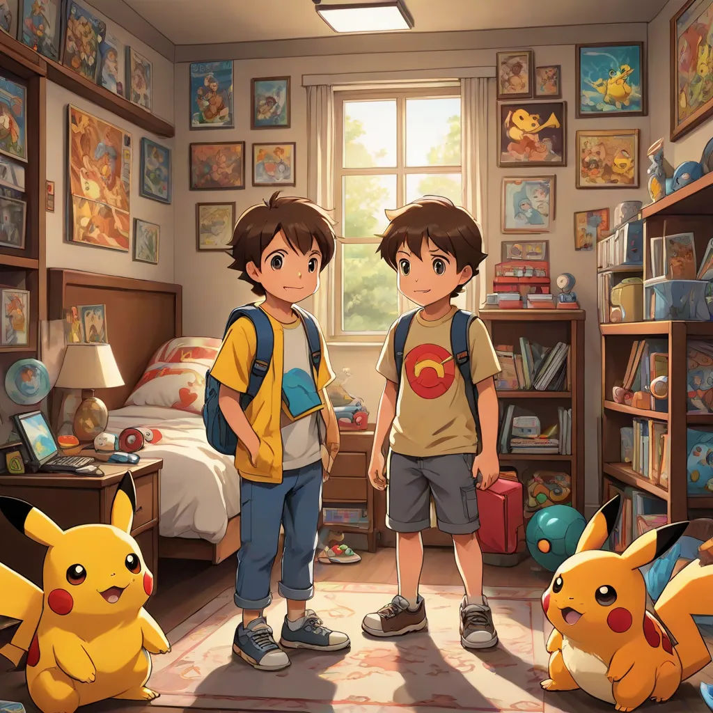 two boys standing in a room with pokemon toys and a pokemon stuffed animal on the floor in front of them, Drew Struzan, photorealism, concept art, official art