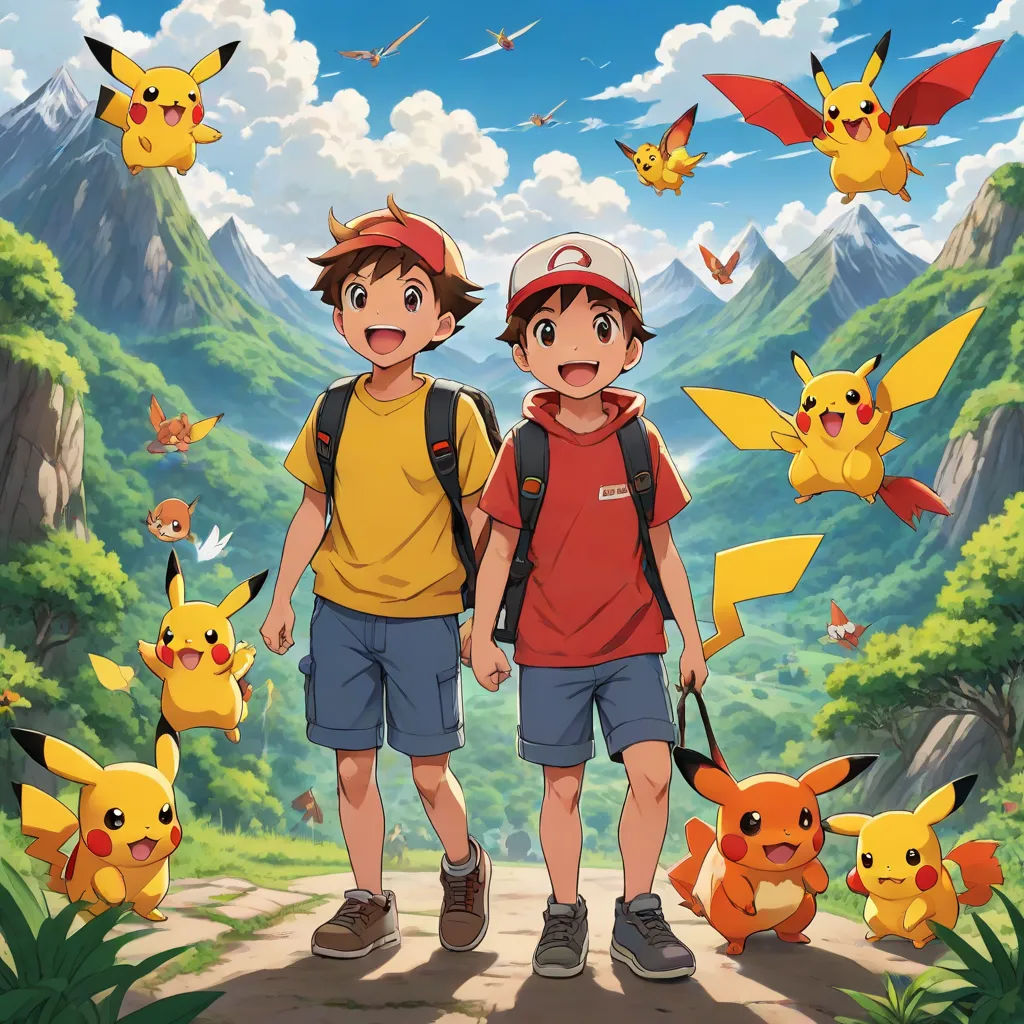 two boys standing in front of a mountain with pokemon pikachu flying above them and a mountain behind them, Ai-Mitsu, rayonism, poster art, official art