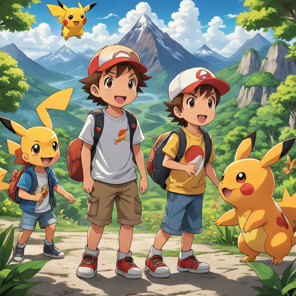 a group of kids standing next to each other in front of a mountain with pokemon pikachu on it, Akira Toriyama, photorealism, concept art, official art