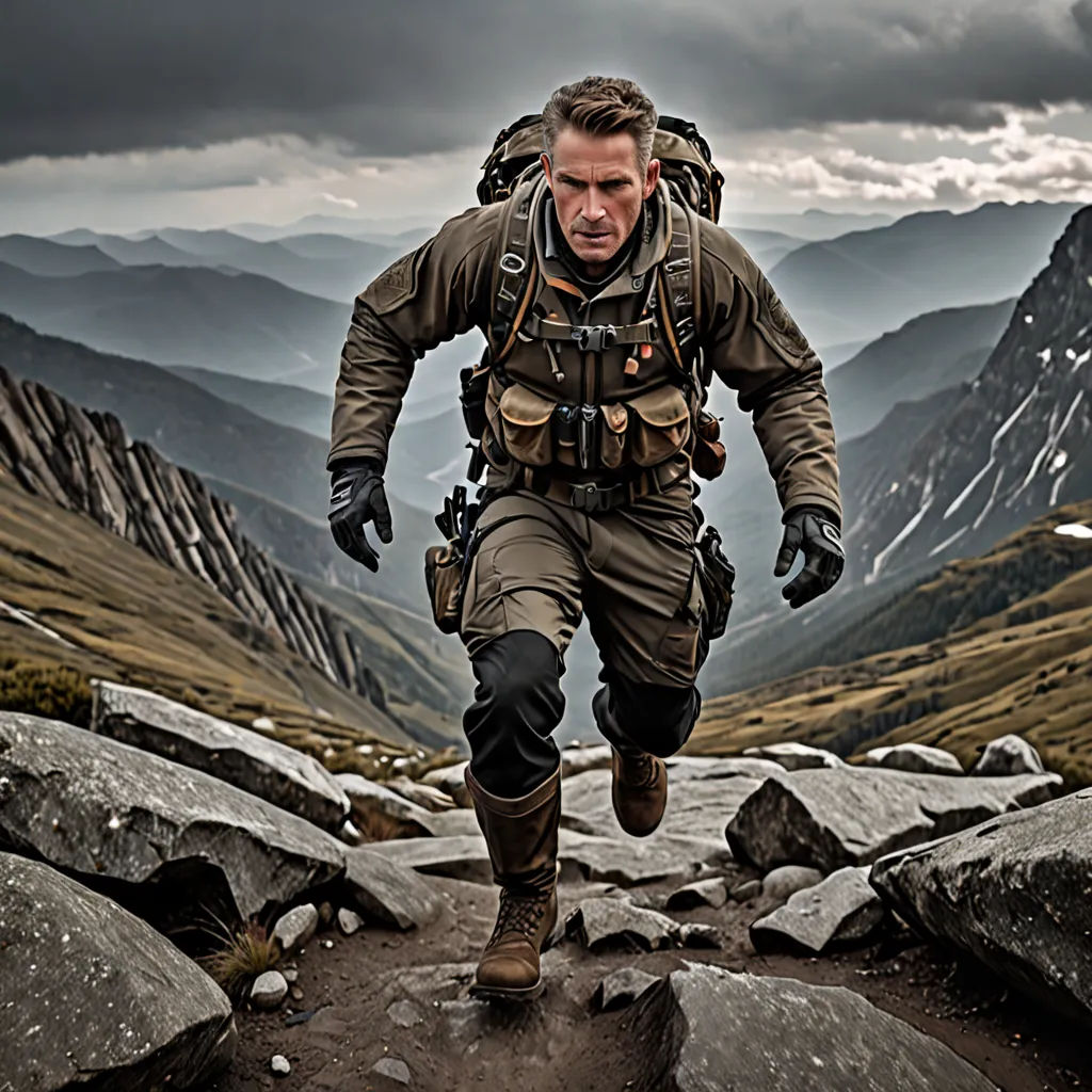 a man in a military uniform is running on a rocky trail in the mountains with a backpack on his back, a character portrait, promotional image, new objectivity, Dan Scott