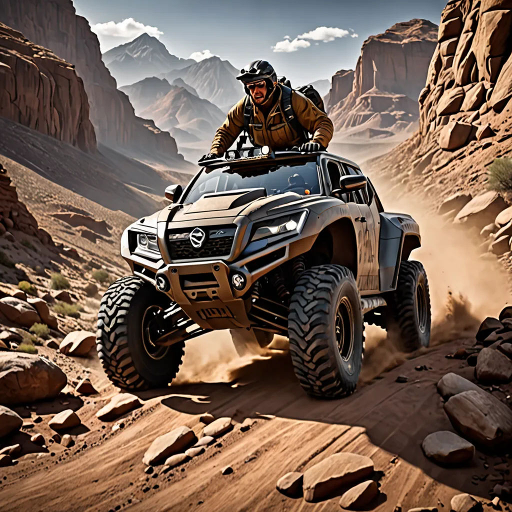 a man riding a four - wheeler through a desert landscape with rocks and boulders in the background and a mountain range in the background, a computer rendering, hard surface, photorealism, Fathi Hassan