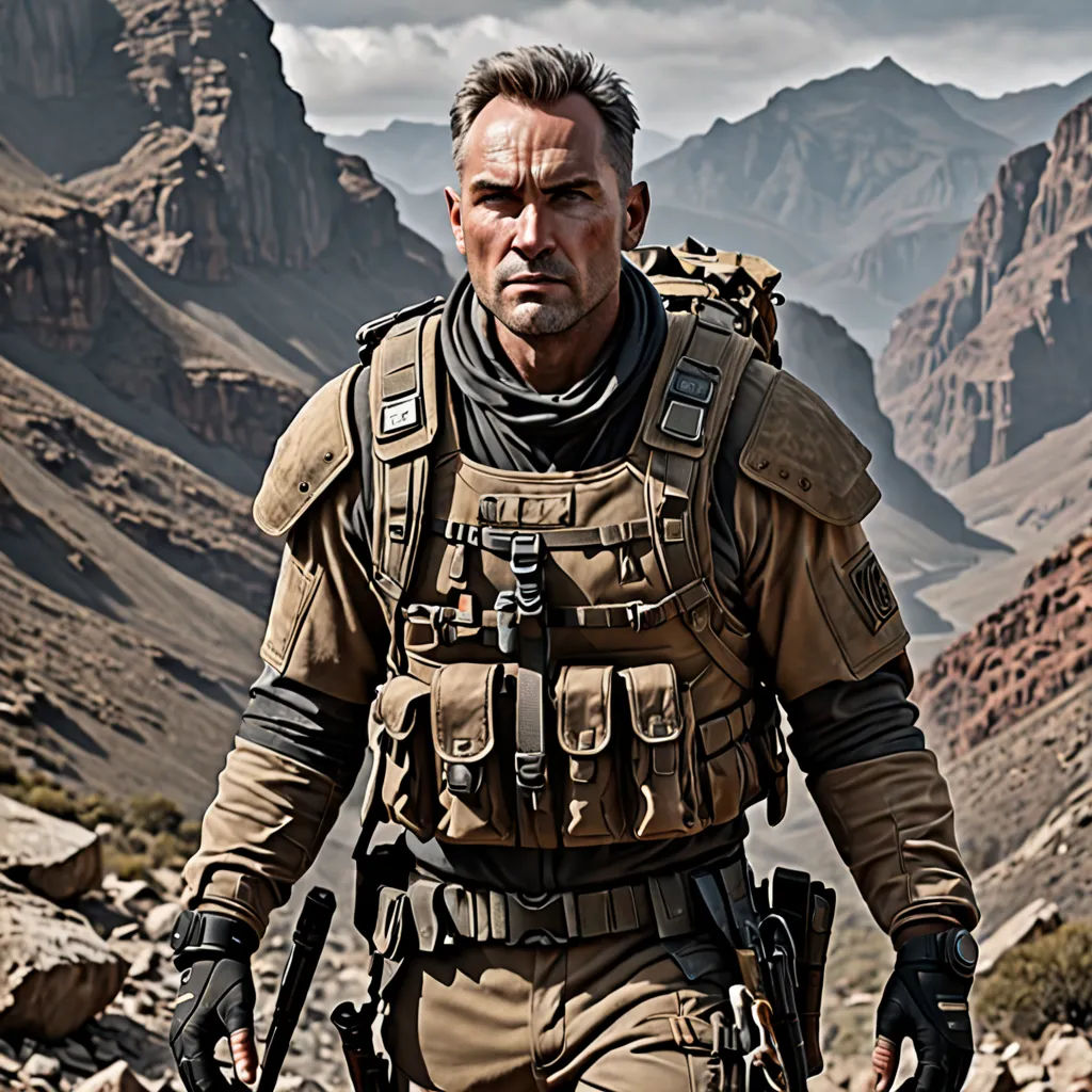 a man in a military uniform walking through a mountainous area with mountains in the background and a cloudy sky, a character portrait, promotional image, antipodeans, Cliff Childs