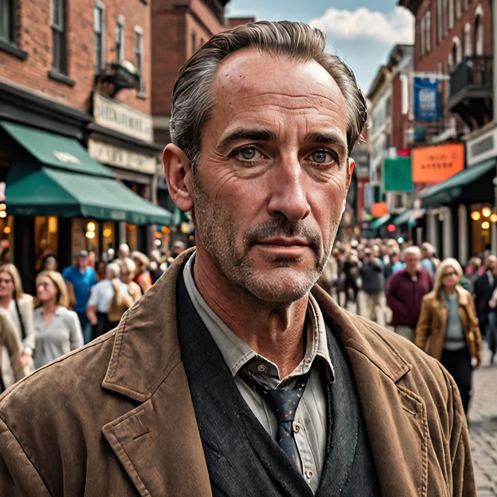 a man in a brown jacket and a crowd of people walking down a street in a city with buildings, a character portrait, promotional image, american realism, Edward Otho Cresap Ord, II
