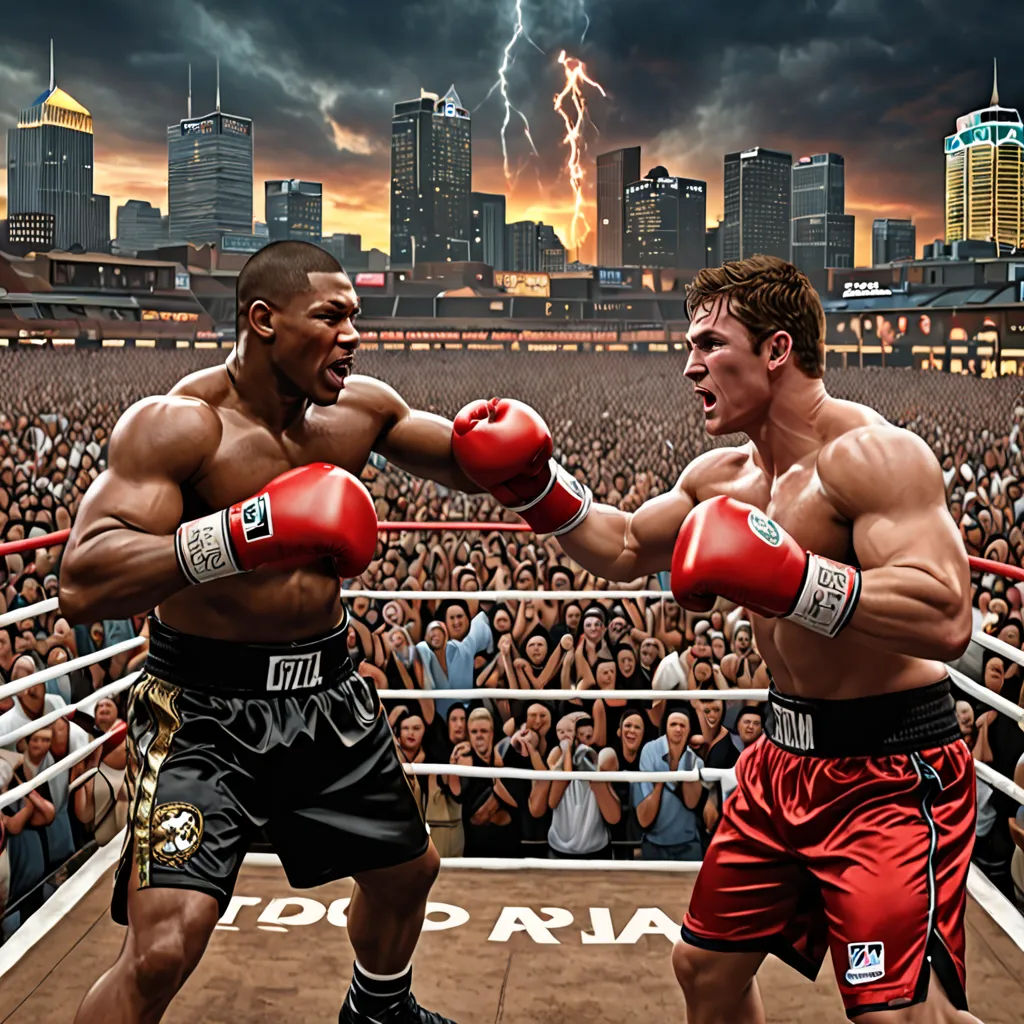 two men in boxing stance in front of a crowd of people in a stadium with lightning in the background, a digital rendering, highly detailed digital painting, photorealism, Charles Martin