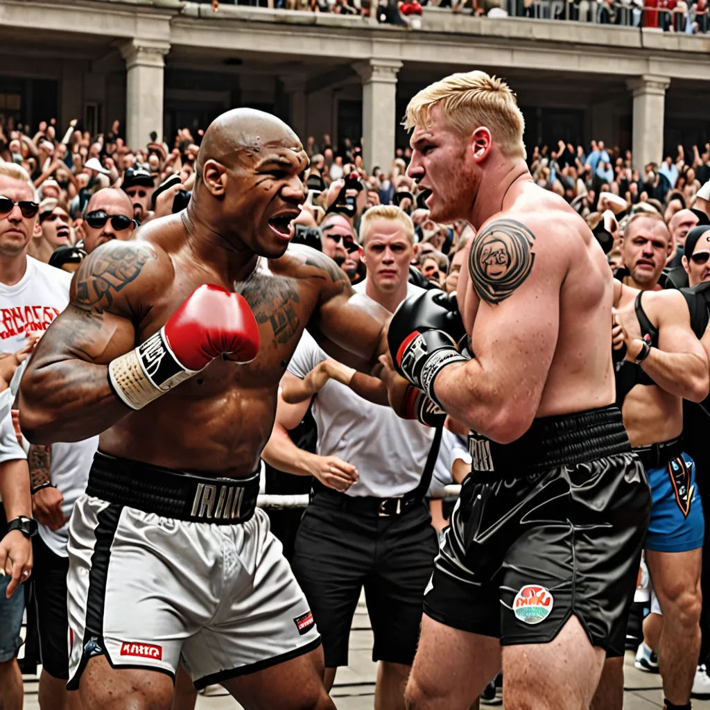 two men in boxers are fighting in front of a crowd of people in a city square with a large building in the background, a poster, promotional image, viennese actionism, Charles Martin