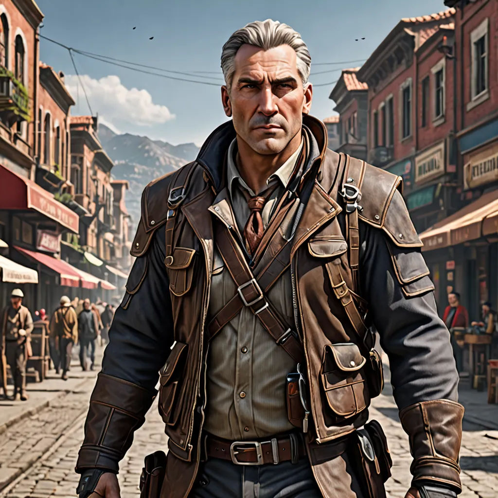 a man in a leather jacket walking down a street in a town with a gun in his hand and a gun in his other hand, computer graphics, unreal engine highly rendered, photorealism, Eddie Mendoza