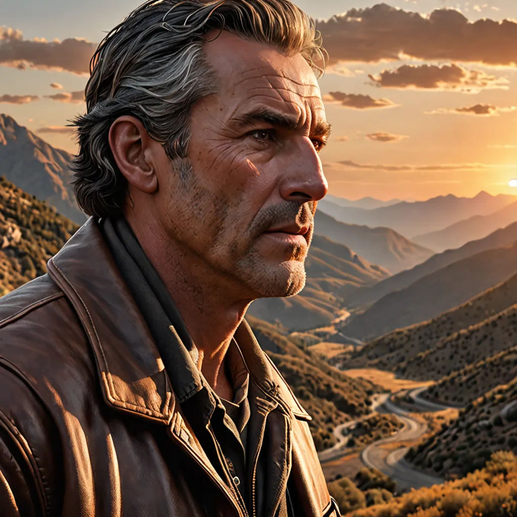a man in a leather jacket looking at the camera with a mountain range in the background and a sunset in the distance, a character portrait, cinematic photography, photorealism, Cliff Childs