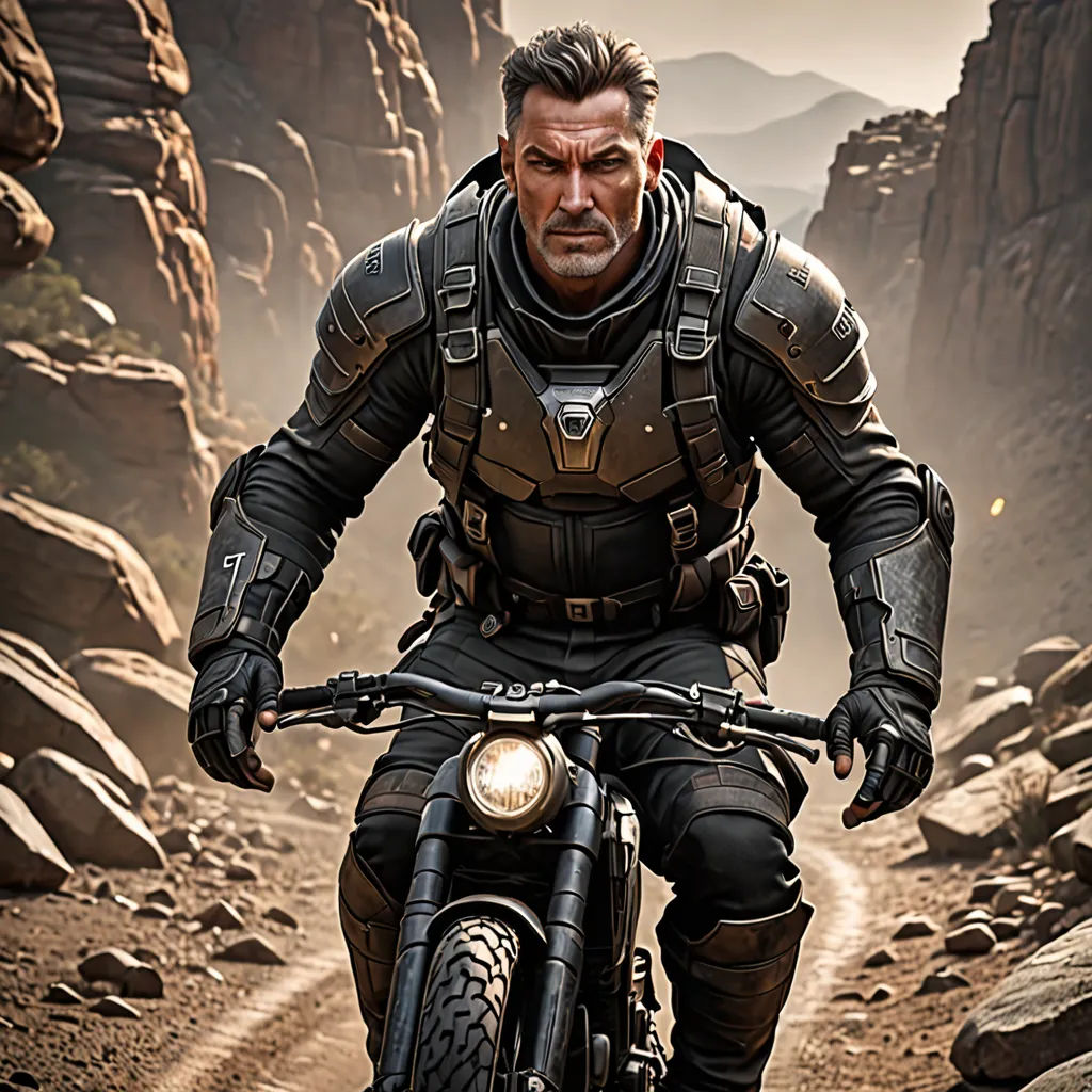 a man riding a motorcycle on a dirt road in a mountainous area with rocks and boulders in the background, computer graphics, unreal engine highly rendered, photorealism, Dan Scott
