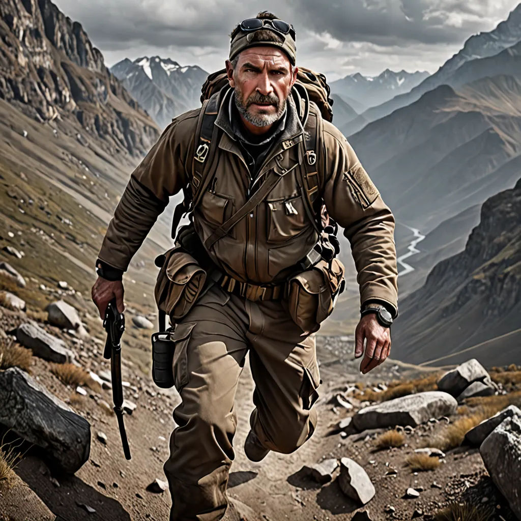 a man in a military uniform is walking on a trail in the mountains with a rifle in his hand, a character portrait, cinematic photography, art photography, Cliff Childs