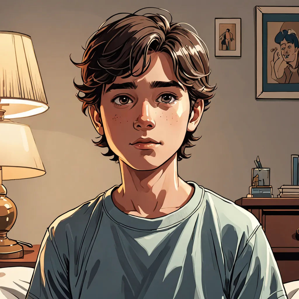a boy in a bedroom with a lamp and a picture on the wall behind him and a lamp on the table, hyperrealism, a comic book panel, Diego Gisbert Llorens, graphic novel