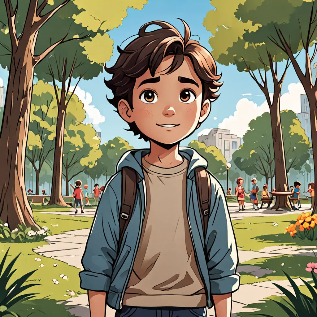 a boy with a backpack standing in a park with trees and people in the background, with a cartoon style, paris school, a comic book panel, Cliff Childs, rossdraws global illumination