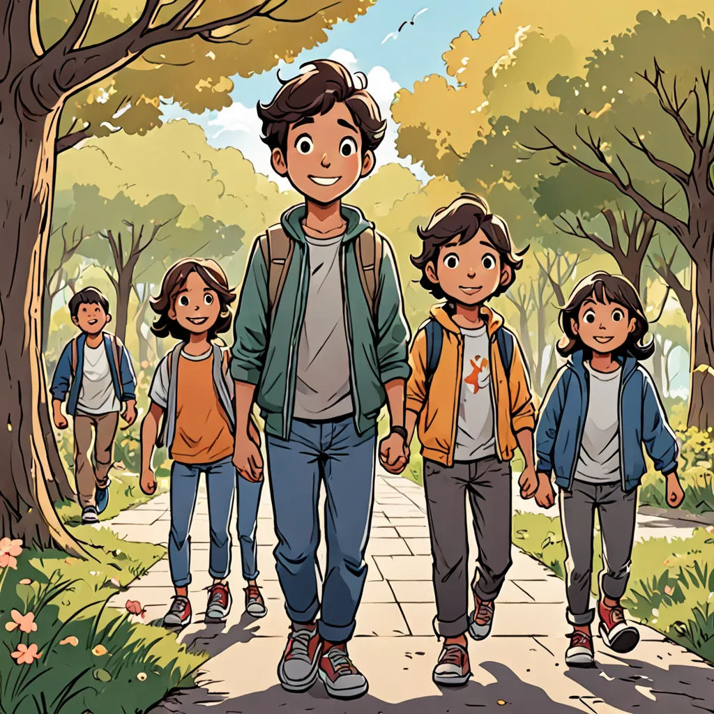 a man and two children walking down a path in the park with trees and flowers on either side of them, process art, a comic book panel, Asaf Hanuka, comic cover art