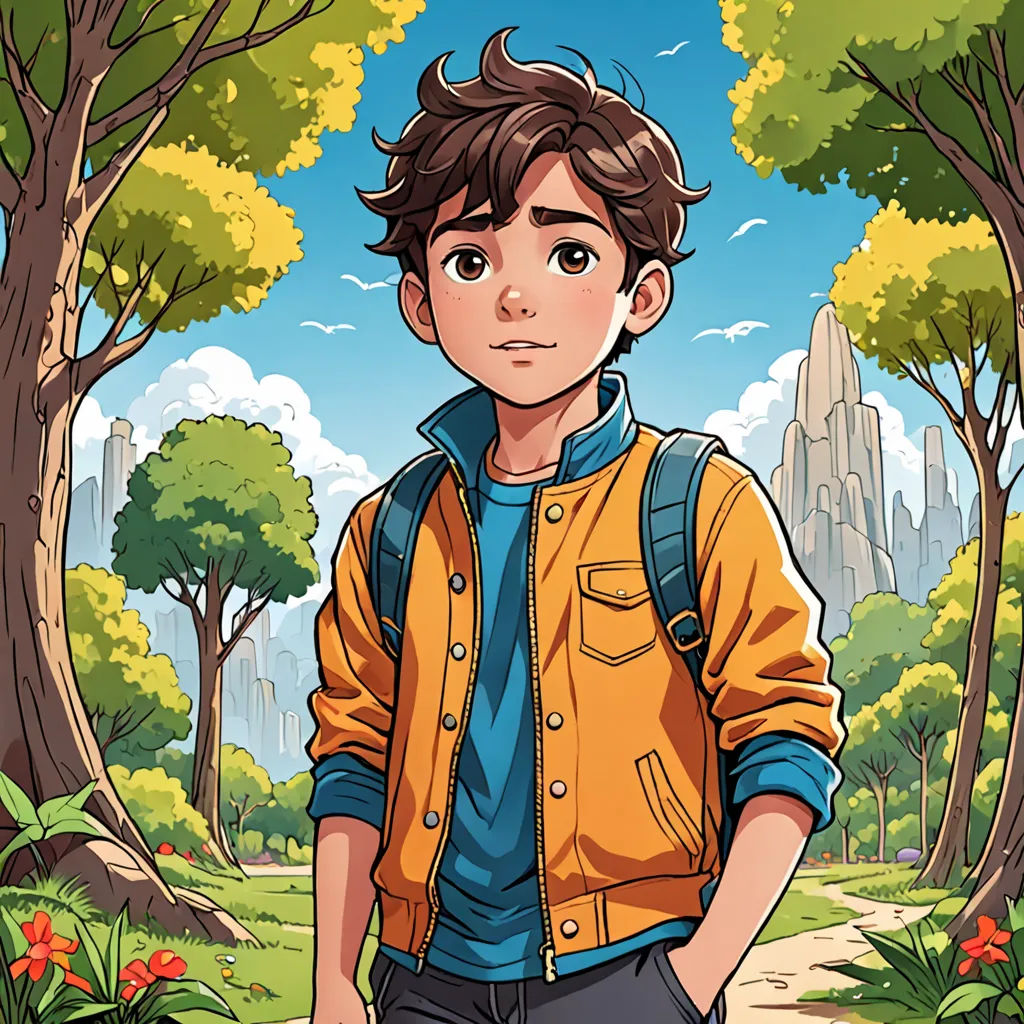 a boy in a yellow jacket standing in a forest with a backpack on his back and a mountain in the background, sots art, a character portrait, Cedric Seaut (Keos Masons), rossdraws global illumination