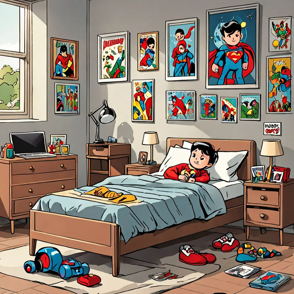 a bedroom with a bed, dresser, and a superman poster on the wall above it and a child's bed, lyco art, a comic book panel, Cliff Childs, comic book