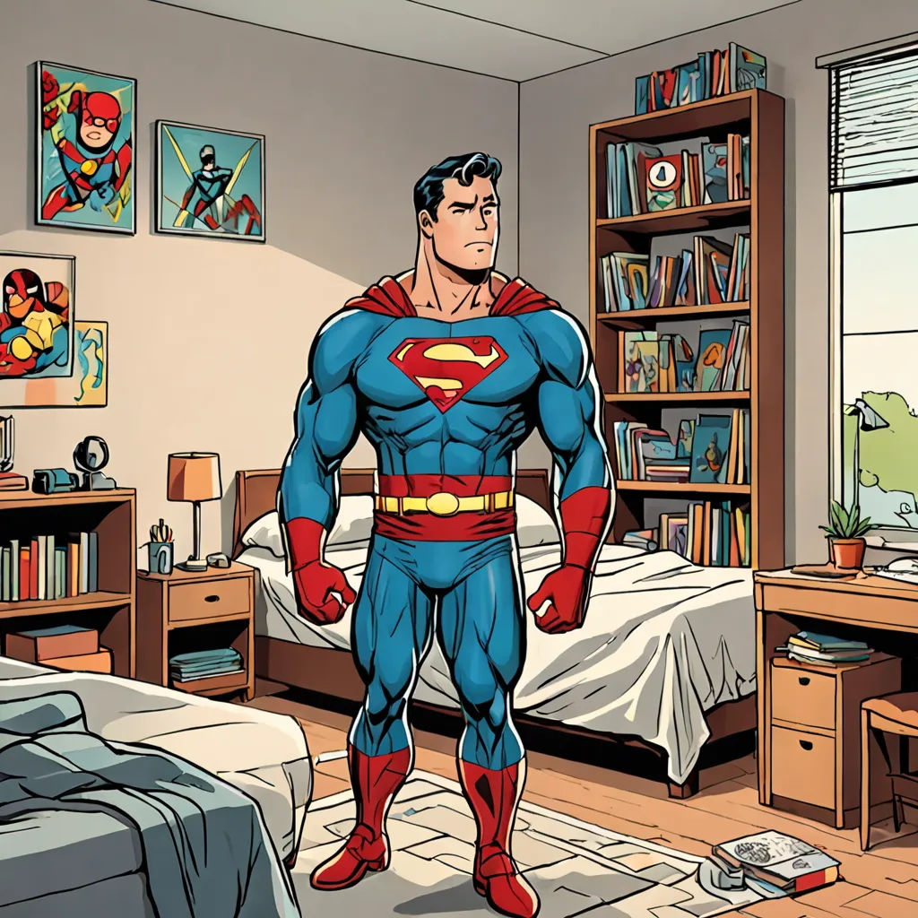 a man in a superman suit standing in a bedroom with a bed and a desk with a computer on it, superflat, a comic book panel, Diego Gisbert Llorens, josan gonzales and dan mumford