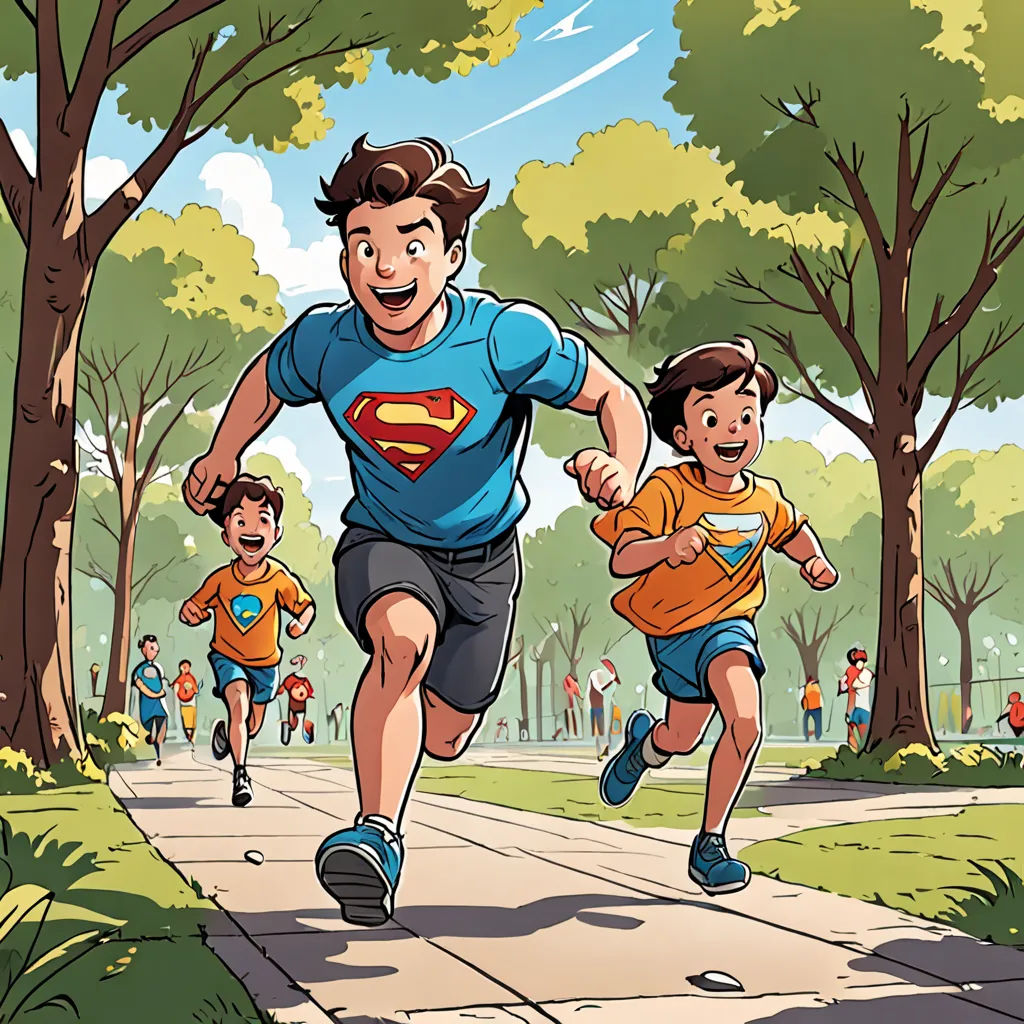 a man running with two children on a path in a park with trees and people running behind him in the background, superflat, a comic book panel, Asaf Hanuka, comic cover art