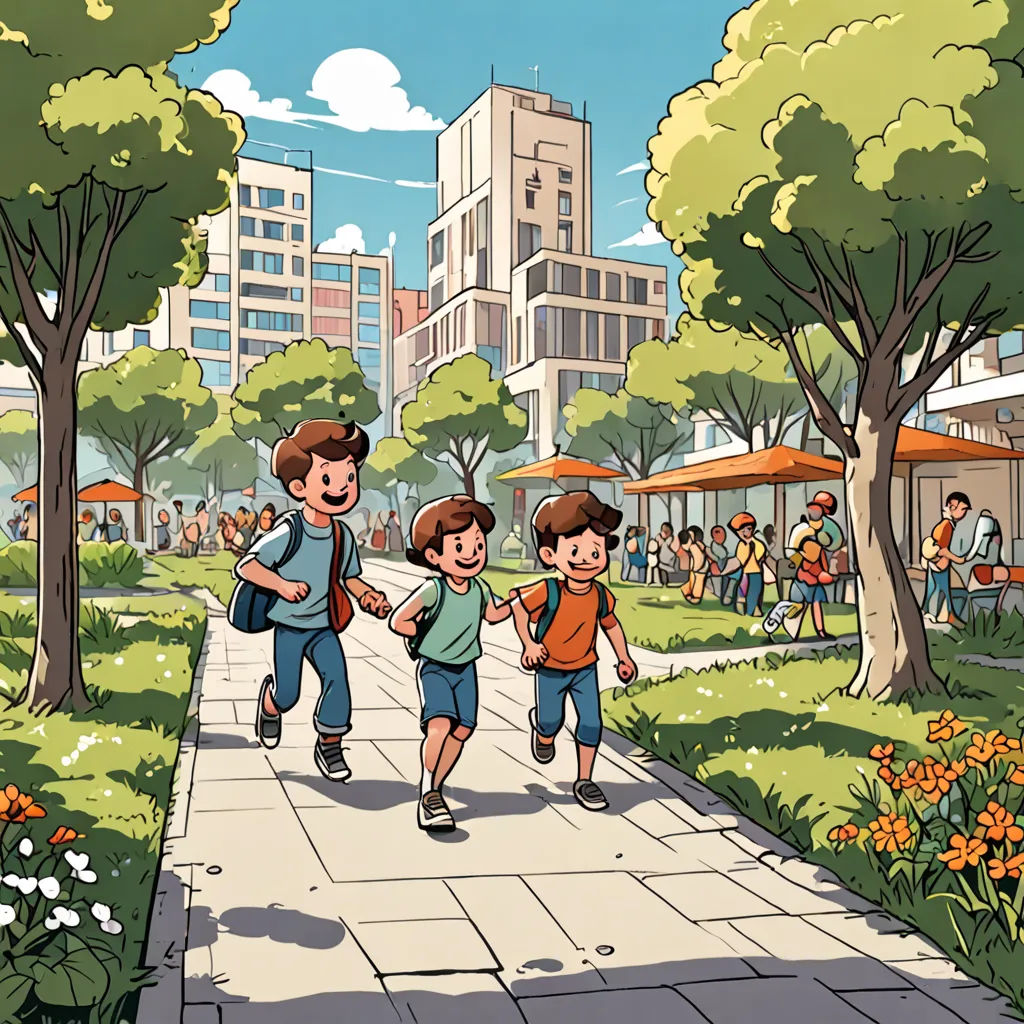 a group of kids walking down a sidewalk in a park with trees and buildings in the background and people walking on the sidewalk, paris school, a comic book panel, Asaf Hanuka, official art