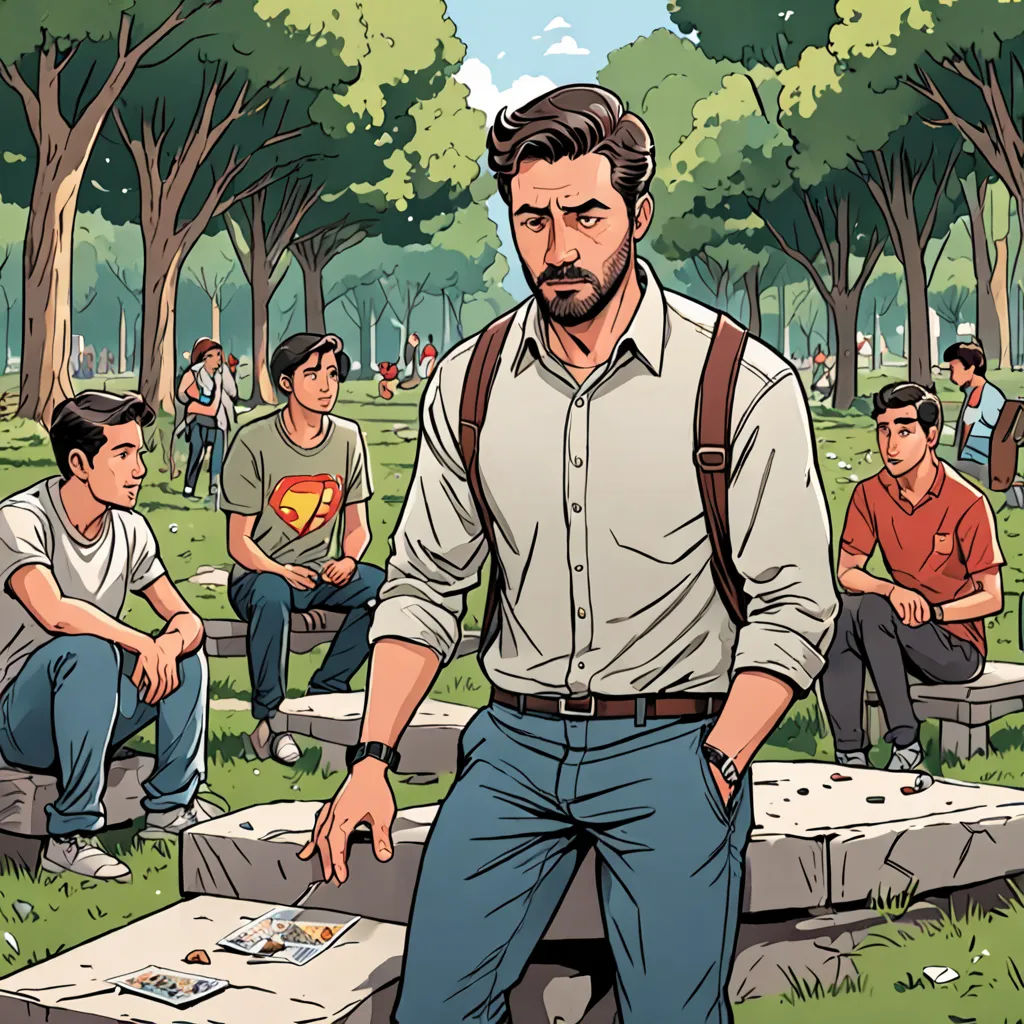 a man standing in a park with a bunch of people sitting around him and looking at something on the ground, academic art, a comic book panel, Asaf Hanuka, official art