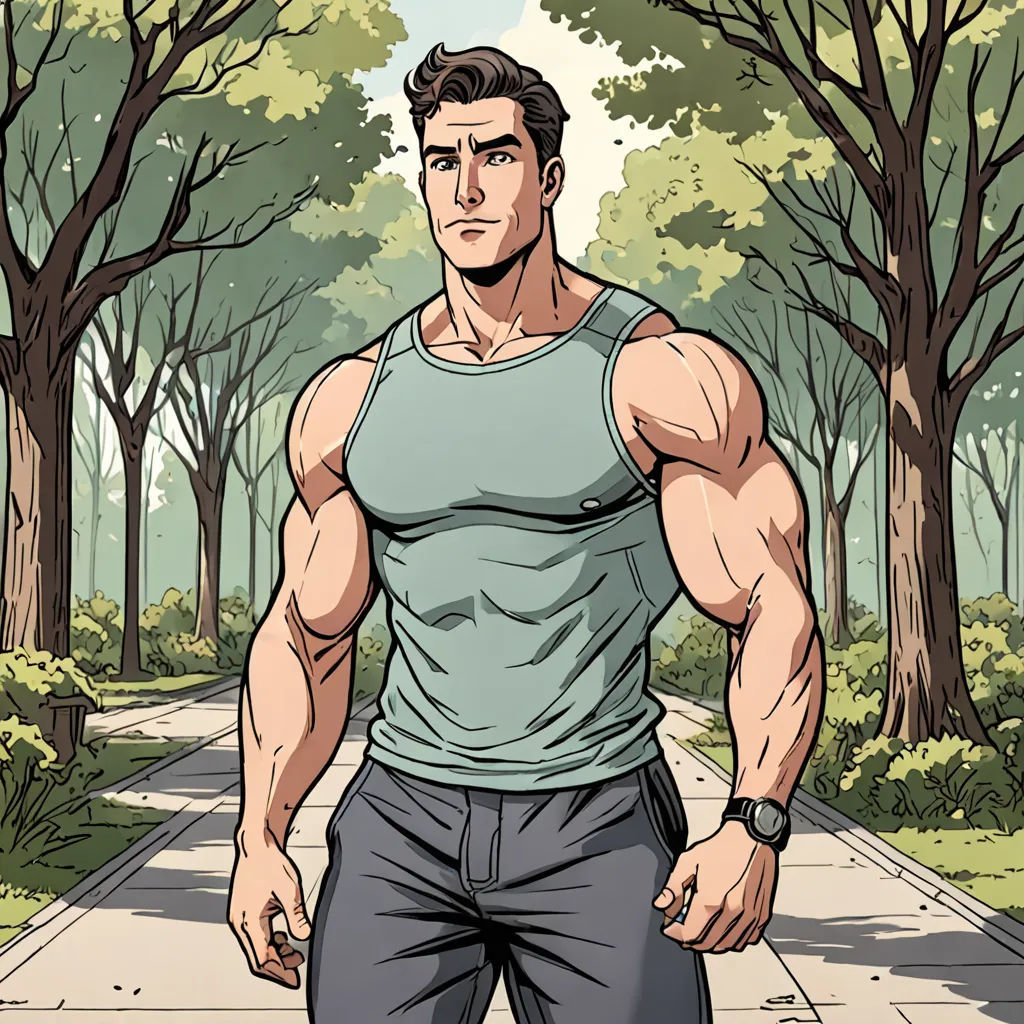 a man with a muscular body standing on a sidewalk in a park with trees and bushes behind him, in a cartoon style, private press, a comic book panel, Benjamin Marra, muscular