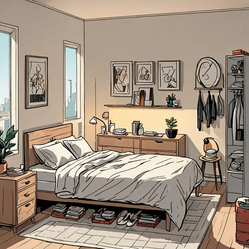 a bedroom with a bed, dresser, and a window with a view of the city outside the window, postminimalism, a comic book panel, Asaf Hanuka, graphic novel