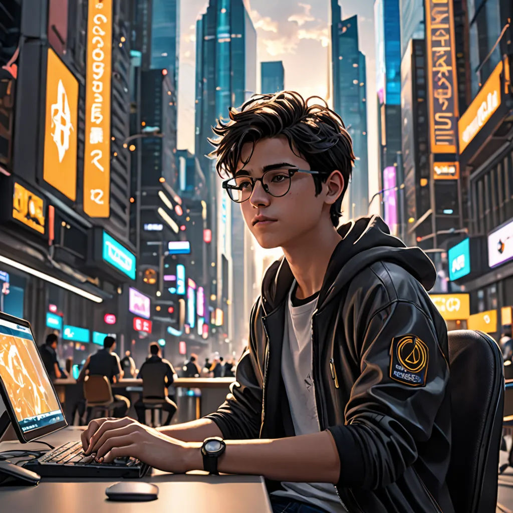 a man sitting at a desk with a laptop in front of him on a city street with neon signs, computer art, cyberpunk art, Artgerm, rossdraws global illumination
