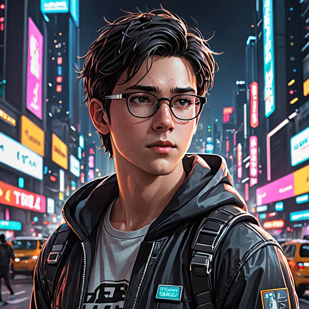 a man in a jacket and glasses standing in a city at night with neon lights and neon signs on the buildings, american scene painting, a character portrait, Artgerm, highly detailed digital painting