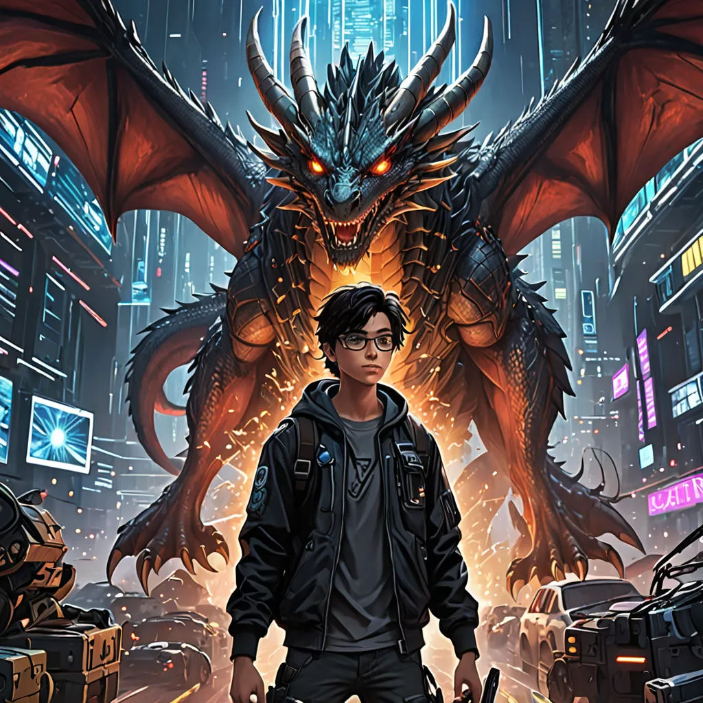 a man standing in front of a giant dragon in a city with buildings and cars in the background,, sots art, poster art, Drew Struzan, comic cover art