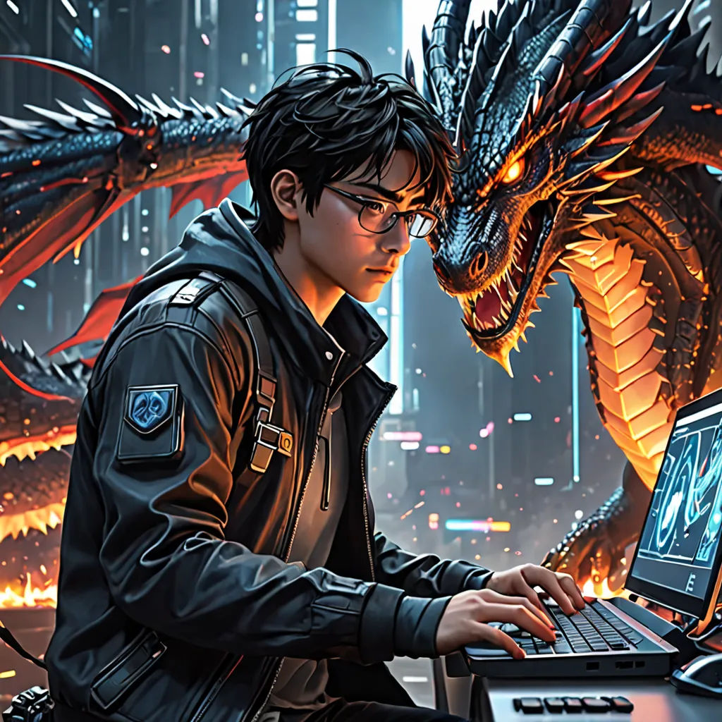 a man sitting in front of a laptop computer with a dragon on it's face next to a computer, computer art, cyberpunk art, Clint Cearley, dragon art