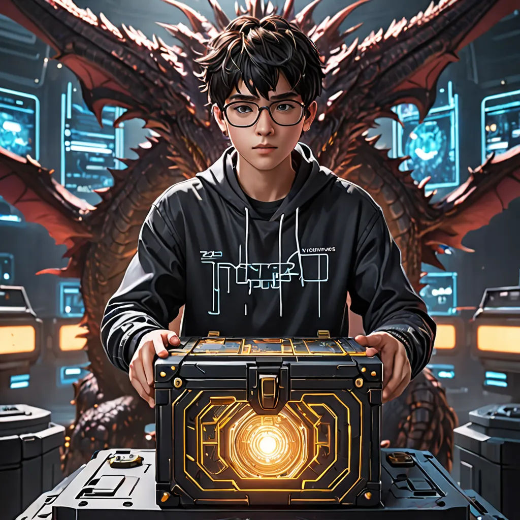 a boy holding a box with a glowing light inside of it in front of a dragon like background with a glowing light in the middle, shock art, a character portrait, Clint Cearley, stanley artgerm lau