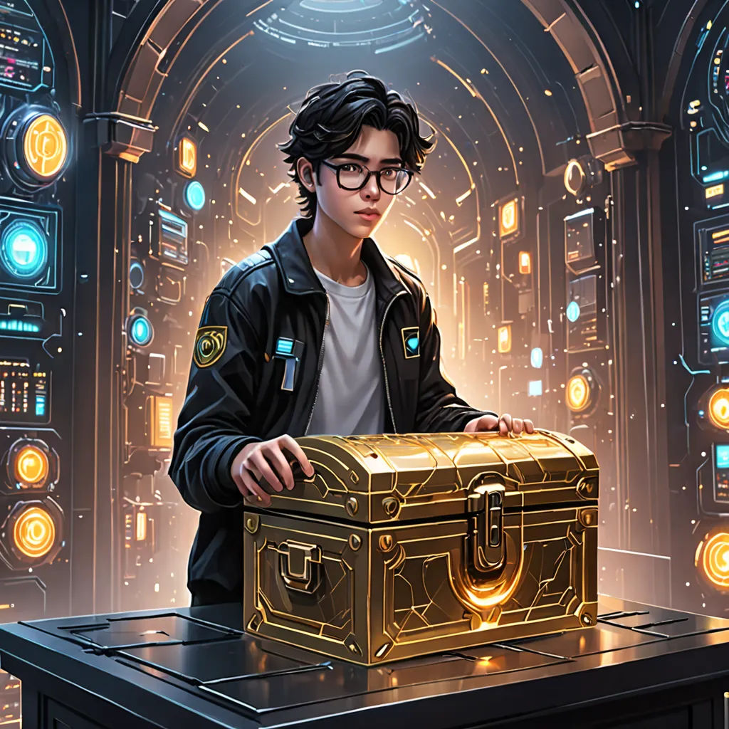 a man holding a gold chest in front of a computer screen with a glowing background of glowing lights and a tunnel, fantasy art, a character portrait, Clint Cearley, rossdraws global illumination