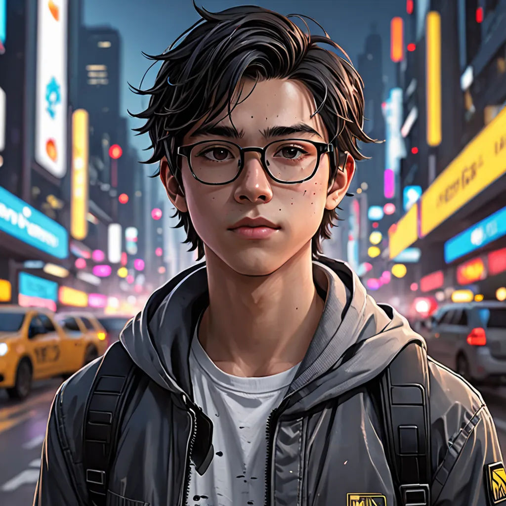 a man in a jacket and glasses standing in the street at night with a cityscape in the background, american scene painting, a photorealistic painting, Artgerm, stanley artgerm lau