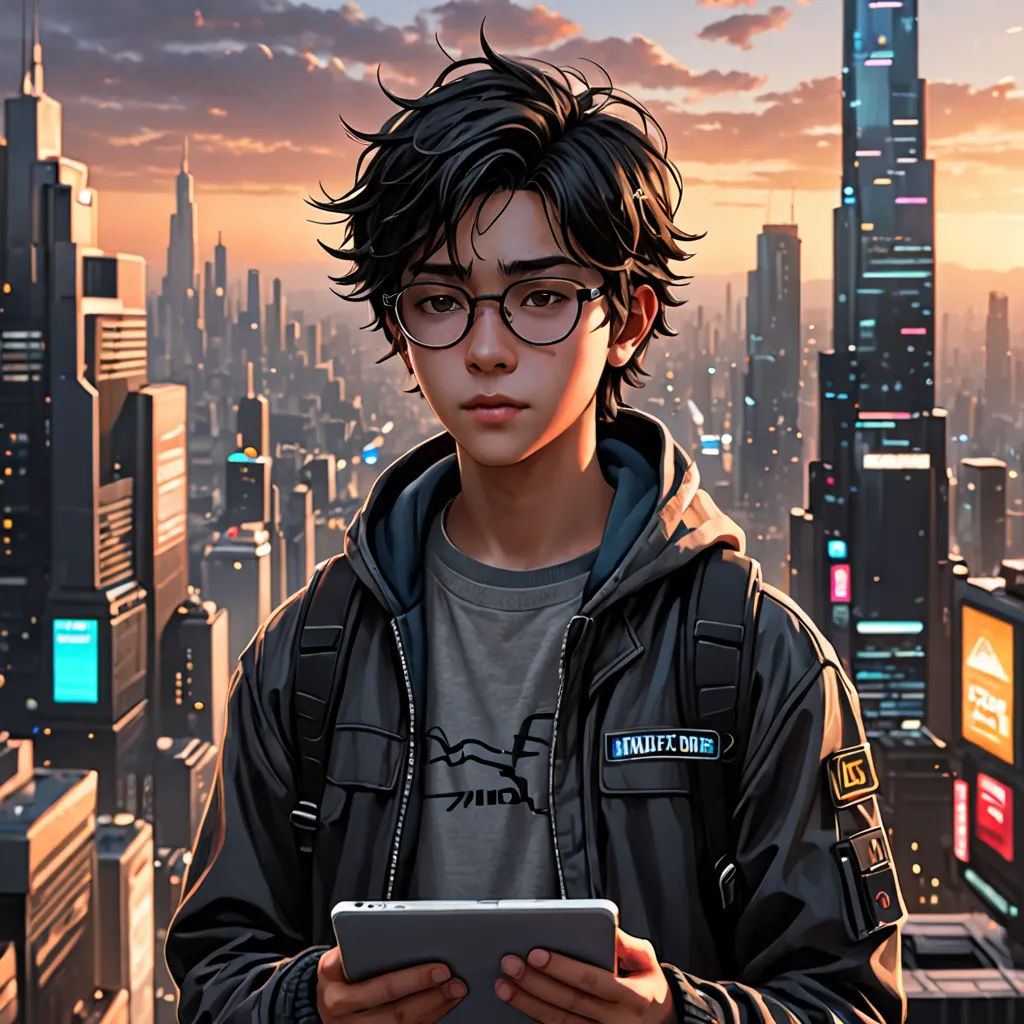 a young man in a city with a tablet computer in his hands and a cityscape in the background, retrofuturism, cyberpunk art, Artgerm, stanley artgerm lau