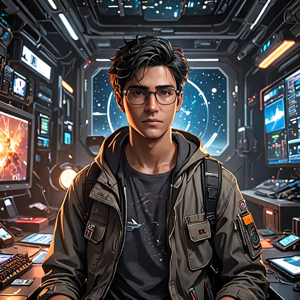 a man sitting at a desk in front of a computer monitor and a monitor screen with a picture of a space station, space art, a character portrait, Dan Mumford, dan mumford. octane render