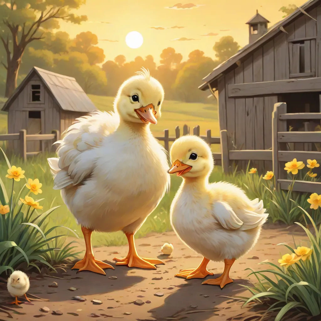 a painting of two ducks standing next to each other on a dirt road near a fence and a barn, american scene painting, a storybook illustration, Brothers Hildebrandt, official art